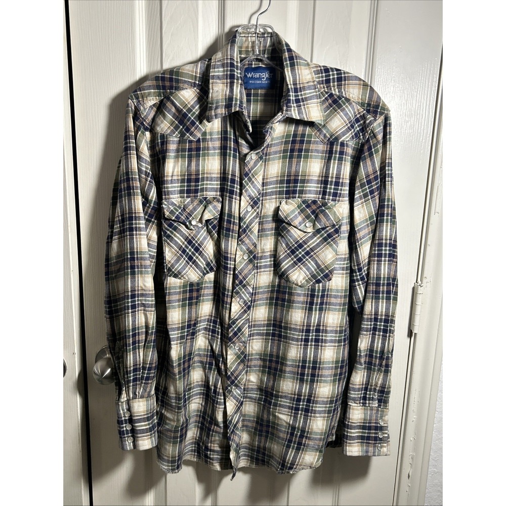 Vintage Wrangler Pearl Snap L Western Shirt Green Blue Plaid Rodeo Cowboy